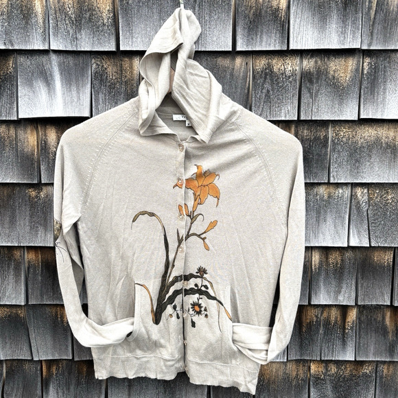 Vertigo Paris Women’s M Sweater Top Cardigan Hooded Gray Silk Cashmere Floral - Picture 1 of 9